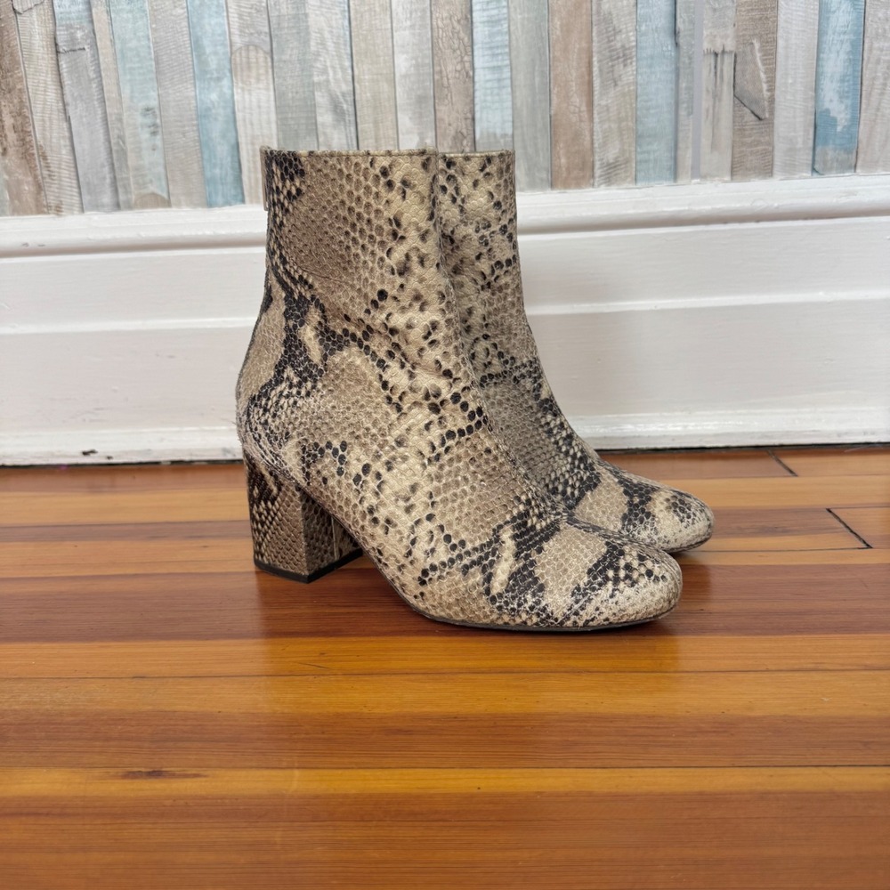 Free People 38 7.5 Cecile Ankle Boots Snakeskin Print Block Heel Neutral Booties - Picture 2 of 16